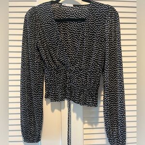 Zara black with white polka dots v neck long sleeve top size S